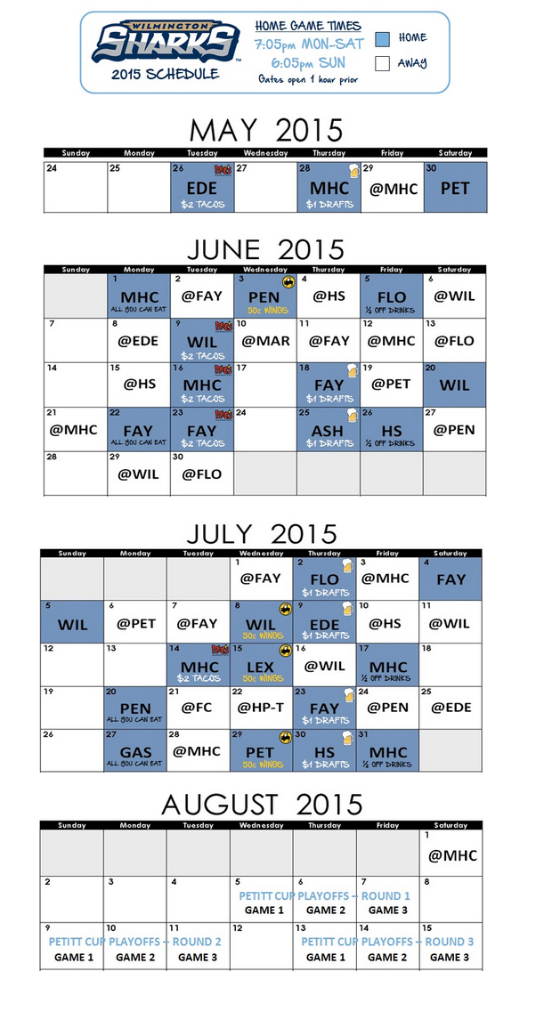 Wilmington Sharks 2015 Baseball Schedule